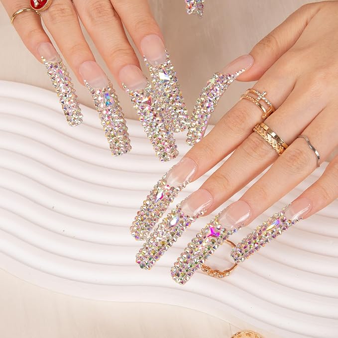 LOVFUL Press on Nails Angel's Tear Rhinestone | Handmade with Full Covered Crystals | Reusable Full Cover Nails | Curve Long 2.2 in | H48-S