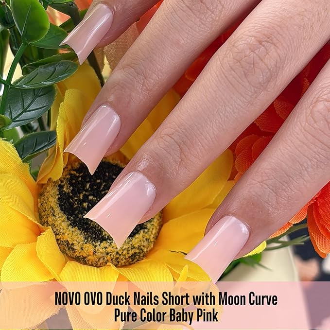 NOVO OVO Short Duck Nail Tips 240Pcs - Solid Baby Pink Soft Gel Flare Duck Feet Nails for Wide Nail Beds, Thick Full Cover False Nail Press Ons, Pre-Shaped Y2K Style Manicure (15 Sizes)