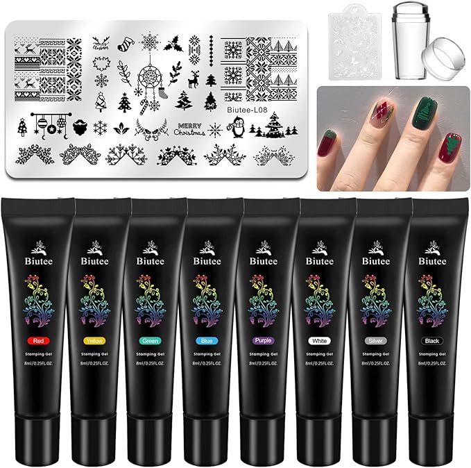 Biutee Nail Stamping Kit with Clear Stamper & Scraper, 10pcs Nail Art Stamping Plates + 8 Colors Stamping Gel Polish, Flower Animal Geometric Nail Art Tools for Beginners