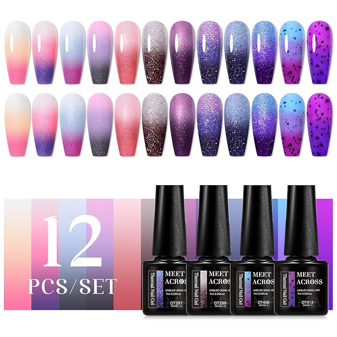 MEET ACROSS 12PCS Thermal Nail Gel Polish, Temperature Shiny Color Changing Gel Polish, Soak Off UV Sequins Gel Polish Nail Art DIY Salon Manicure Gifts