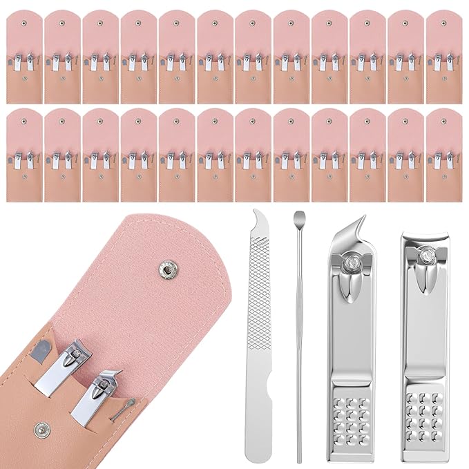 24 Sets Manicure Set Bulk, Pink Nail Clippers Kit Stainless Steel Fingernail Clippers Set, Sturdy Nail Tip Cutter Trimmers Professional Grooming Toenail Clipper Personal Pedicure Kits Gift (4 in 1)