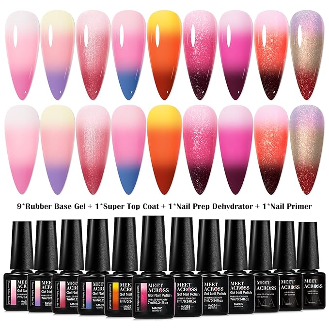 MEET ACROSS 12 Pcs Color Changing Rubber Base Gel Set, Mood Temperature Change Builder Base Nail Gel with Super Top Coat, Prep Dehydrator and Nail Primer, 2-in-1 Soak Off Base Gel Nail Strengthener