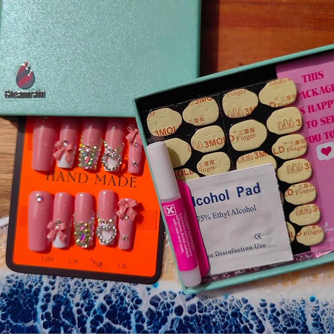 Handmade Press on Nails Long Square Shape M Size/Gleamrain Luxury Hand Made Cute Acrylic Glue on Nails With Rhinestones and Bow Design Long Nail for Women and Girls 10 Pcs