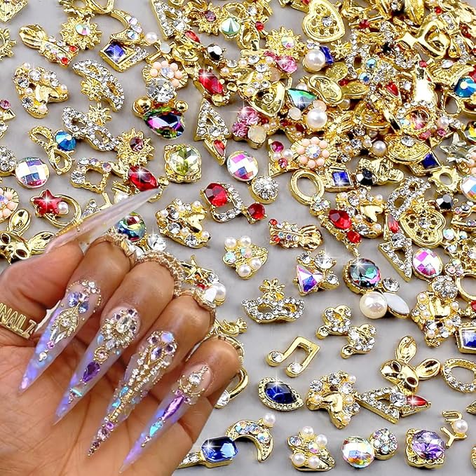 50pcs 3D Gold Nail Charms for Acrylic Nails Mix Styles Rhinestones for Nails Metal Nail Jewels for Nail Art Shiny Zircon Nail Rhinestones Alloy Nail Charm Pearl Nail Gems Cute Charms for Nails Design