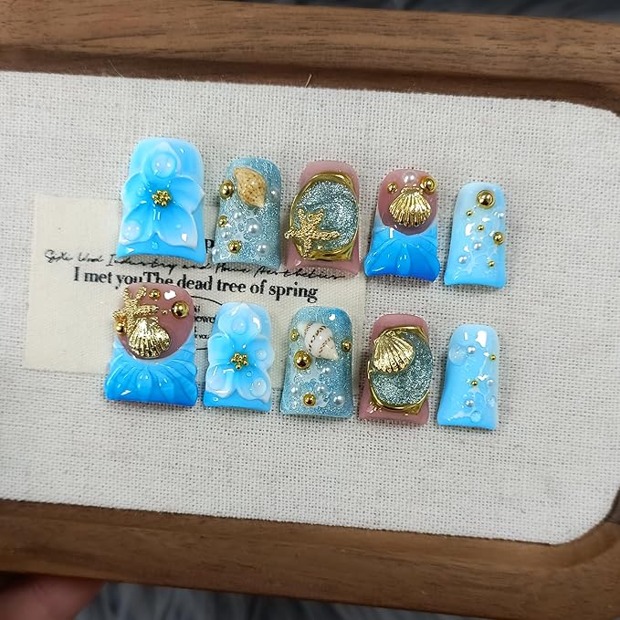 Handmade Duckbill Press on Nails Short - Ocean Blue 3D Shell Starfish Glitter Design Fake Nails with Tools, Acrylic Glossy Reusable Y2K False Duck Nails for Women Girls(L)