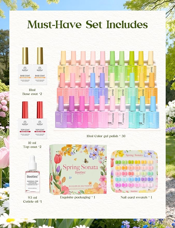 Beetles Spring Gel Polish Set - Spring Sonata Colleciton, 30 Colors Hema-Free Yellow Pink Blue Purple Pastel Colors Polish with Base Top Coat Swatch Card Uv LED Lamp Gel Gifts for Women