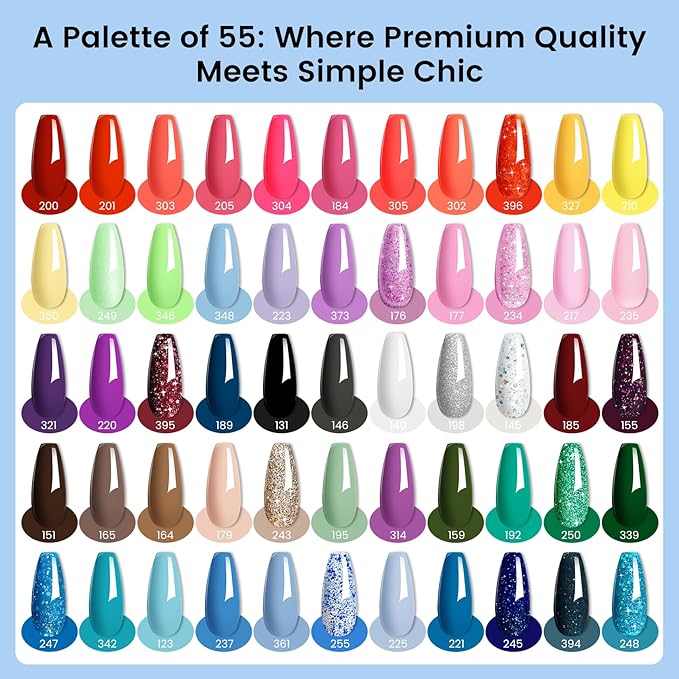 Phoenixy 71 Pcs Gel Nail Polish Kit with U V Light, 55 Colors Gel Nail Kit 5pcs Base Top Coat Pink Blue Glitter Burgundy DIY Manicure Starter Set for Beginners Gift for Women