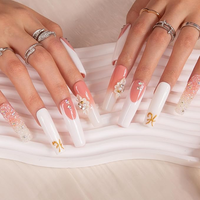 LOVFUL Press on Nails Only You French Tip| Handmade with Full Covered Crystals| Reusable Fake Nails| Square Mid length 1.7in| H97-S