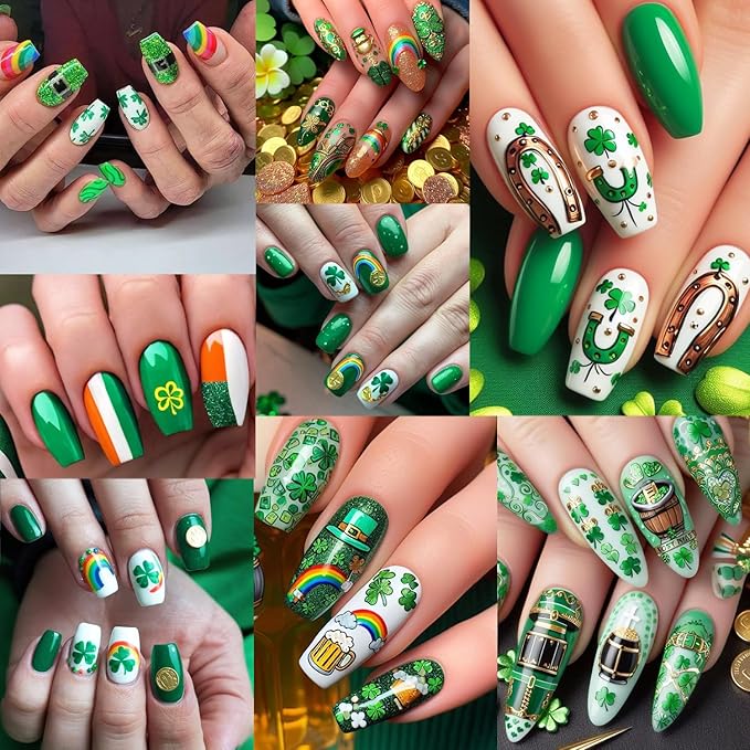 6 Sheets St Patricks Day Nail Stickers Lucky Rainbow Clover Nail Art Stickers Irish Flag Horseshoe Hat Beer Gold Coins Shamrocks Nail Decor 3D Self-Adhesive St. Patrick's Day Nail Decals for Women