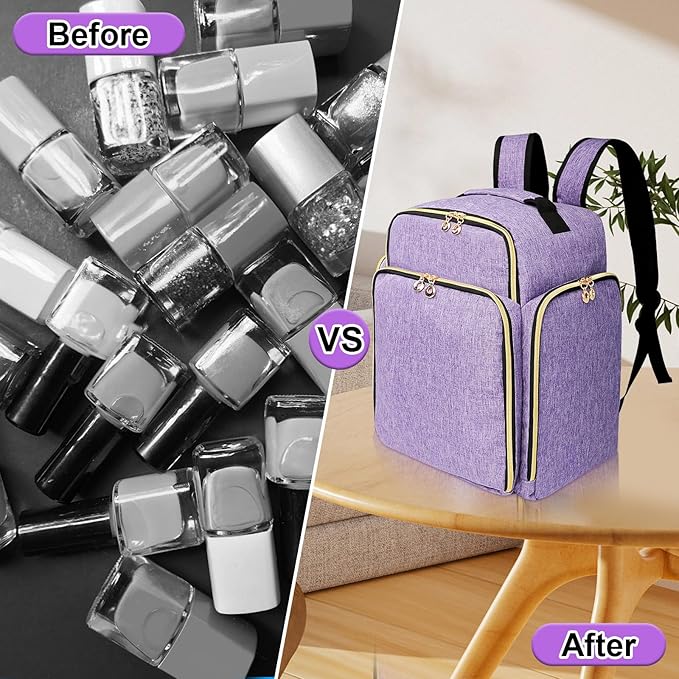 Nail Polish Organizer Backpack Holds 126 Bottles& Nail Lamp, Extra Large Nail Kit Supplies Organizer Bag with 3 Removable Cases, Portable Nail Organizers and Storage for Travel (Noble Purple)