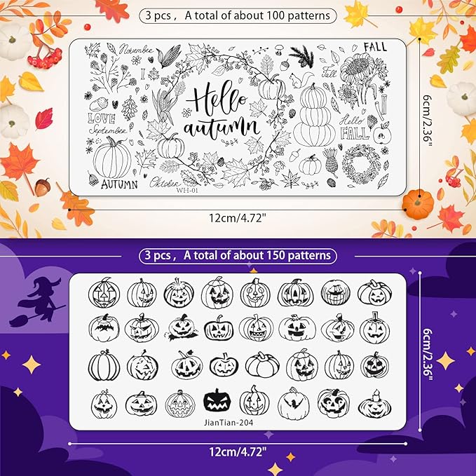 Whaline Fall Halloween Nail Art Stamping Plate Kit Hello Fall Pumpkin Ghost Witch hat Plaid Design Nail Art Set for Autumn Thanksgiving Halloween DIY Print Manicure Salon, Set of 6