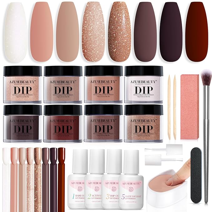 AZUREBEAUTY Dip Nails Powder Starter Kit 8 Colors with Nail Sticks Nude Brown Giltter Shimmer Set Nail Art Base Glossy Matte Top Coat Activator Essential Liquid Manicure DIY Salon 30 PCS