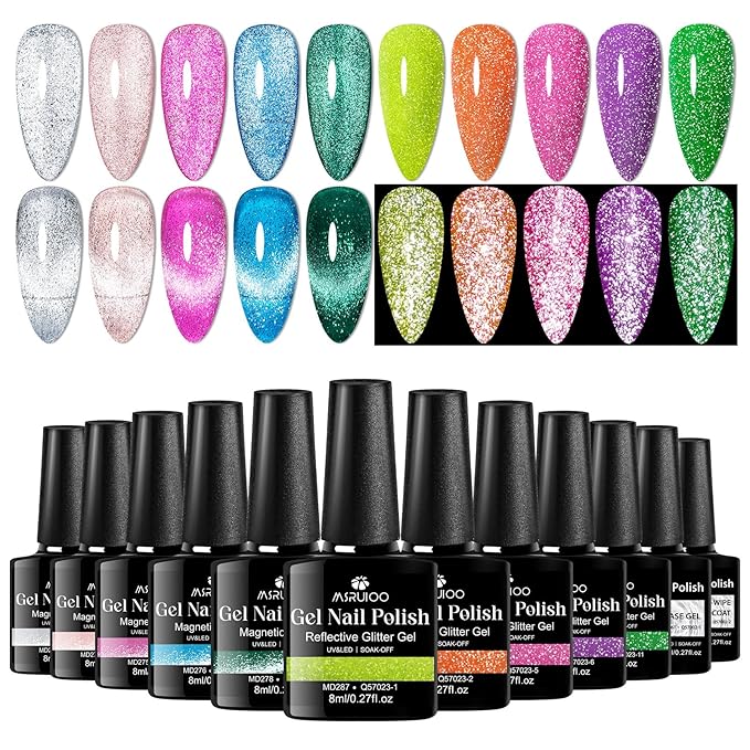 12Pcs Glitter Cat Eye Gel Nail Polish, Magnetic Cat Eye Gel Polish Set with Magnet + Reflective Glitter Gel Polish Set Christmas Manicure Kit 10 Colors