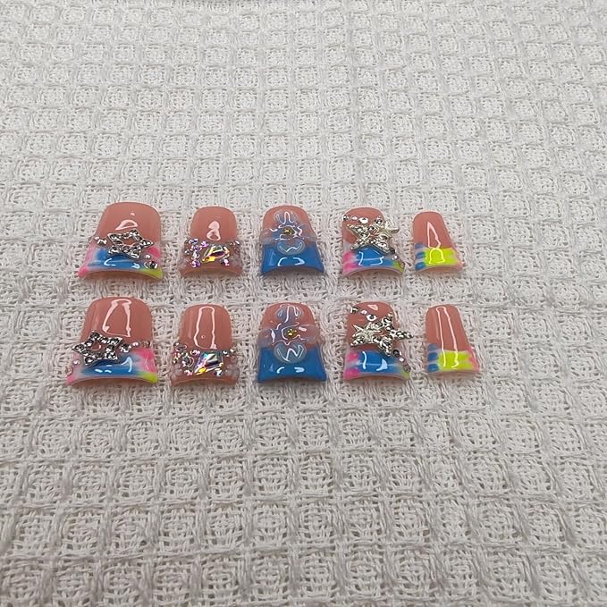Handmade Nails Duckbill Shape Hand Carved Style Peach Pink Base Floral Pink Blue Yellow Gradient Rhinestone Decor Glossy Surface Fashion Manicure Easy Wear Press on Nails 10 pcs (S)