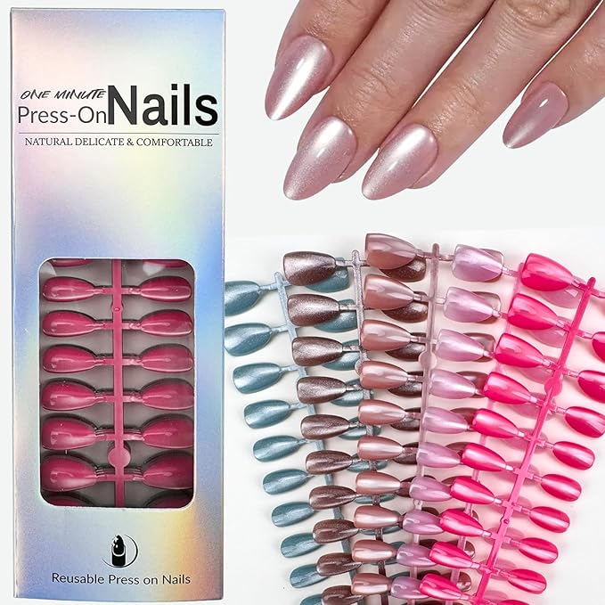 150Pcs Almond Press on Nails Short Fake Nails Cat Eye Soft Gel Acrylic Glue On Nails Full Cover Glitter False Nail Tips Kit Reusable Glossy Artificial Stick on Nails for Women Manicure 15 Size