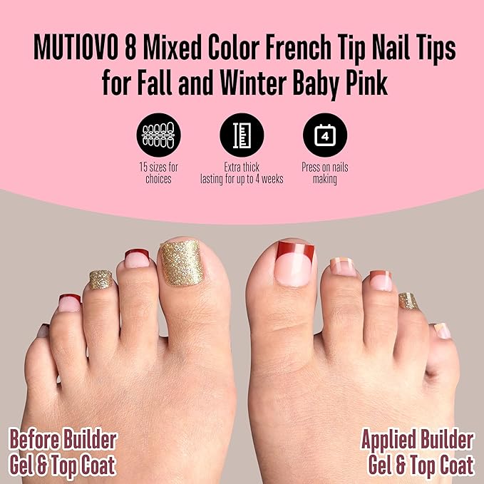8 MIXED WINTER COLOR French Tip Toe Nail Tips Press on, BABY PINK Sharp Square Medium Wide Fake Toenails, Full Cover Acrylic,Builder Gel & Top Coat,Need Nail Glue,for DIY x 15 Sizes 240 pcs