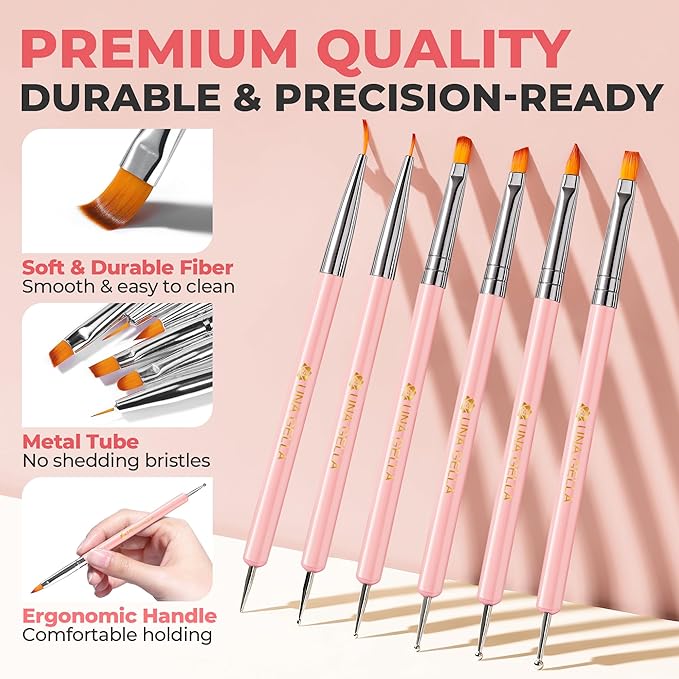 UNA GELLA Nail Art Brushes Set 6PCS Pink Color Double-ended Nail Design Dotting Tools Christmas Nail Art Gel Polish Brushes for Gel Polish Lines, Nail Drawing Pen DIY Nail Art Supplies