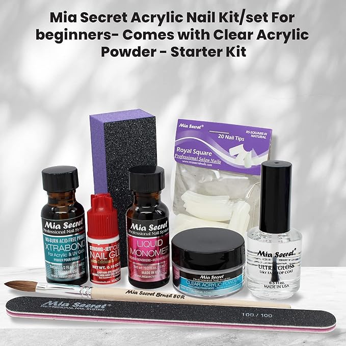 Mia Secret Acrylic Nail Kit: 1/2 oz liquid monomer, 1/2 oz clear acrylic powder, ultra quick nail glue, 1/2 oz ultra gloss top coat, fancy 20 nail tips, 1/2 oz primer, speedy zebra straight nail file 100/100, #8 nail brush and emery block