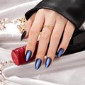 VSALON Press on Nails Almond Short for Newbies, Dark Blue Cat Eye Chrome Glossy Glitter Stick On 32 pcs Fake Nails Kit in 16 Sizes, Reusable Opaque Gel Nails with Glue, Cuticle Stick & Nail Buffer