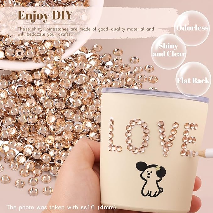 6000PCS 4mm Resin Rhinestones Bulk for Crafting (Champagne), Flatback Bedazzling Crystals for Crafts DIY Nail Decoration, Gems Charms for Tumbler Shoes Clothing Fabric with Pickup Pen and Tweezers
