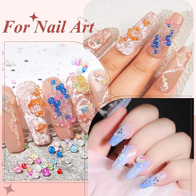 3D Mixed Sizes Bubble Beads Nail Charms Jewelry, 3D Aurora Bubble Beads Nail Charms Colorful Iridescent Mermaid Crystal Gems with Pickup Tools for Nails DIY Crafts Decorations(30-K1-3)