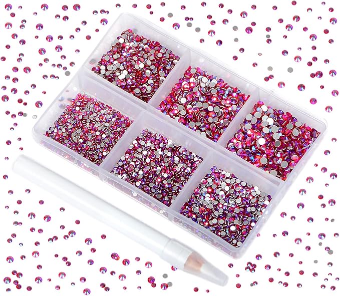 Bymitel 7200 Pieces 6 Mixed Sizes Glue Fix on Glass Rhinestones Round Crystal Gems Flatback for DIY Jewelry Making with one Picking Pen(6-Sizes 7200PCS, Siam AB)