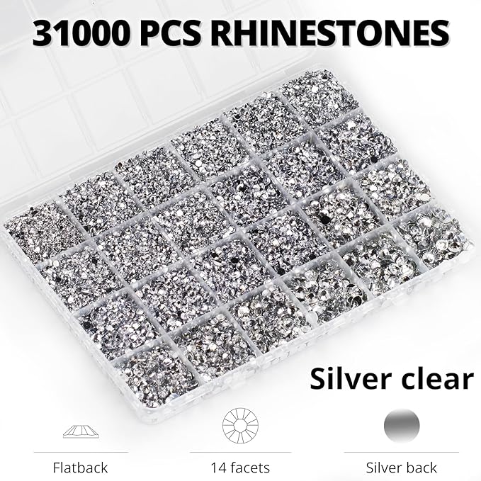 33000Pcs Silver Clear Rhinestones for Bedazzling, Bedazzler Kit with Flatback Craft Rhinestones Bulk and B7000 Glue, 2,3,4,5,6mm Resin Flat Back Crystals for Craftings, Crafts, Clothes, Shoes, Nails