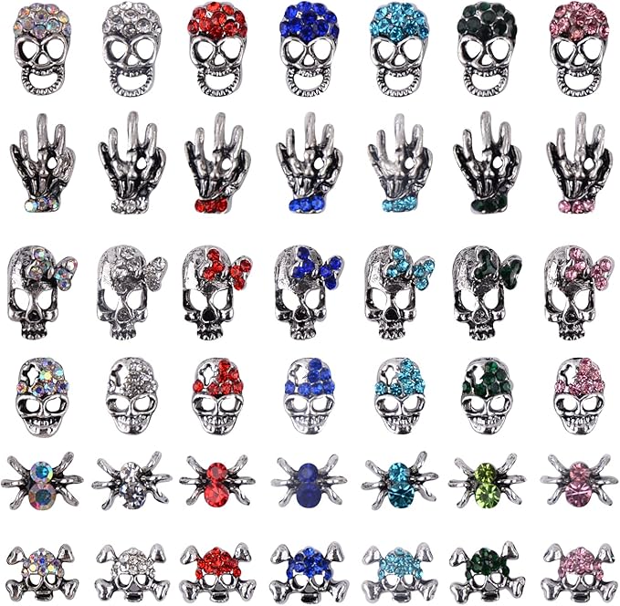 Halloween Nail Charms Rhinestones Decorations - 60Pcs/Box Multi Shape Halloween Nail Accessories Metal Punk Vintage Sliver Nail Design for DIY Nail Art Craft