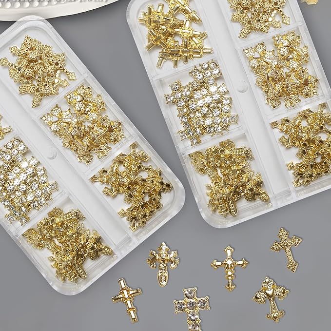 3D Alloy Metal Crystal Cross Nail Charms - 60 Pcs Ideal for Women and Girls' DIY Punk Nail Art, with Rhinestones, Great for Salons & Fashion Events (60, Golden)