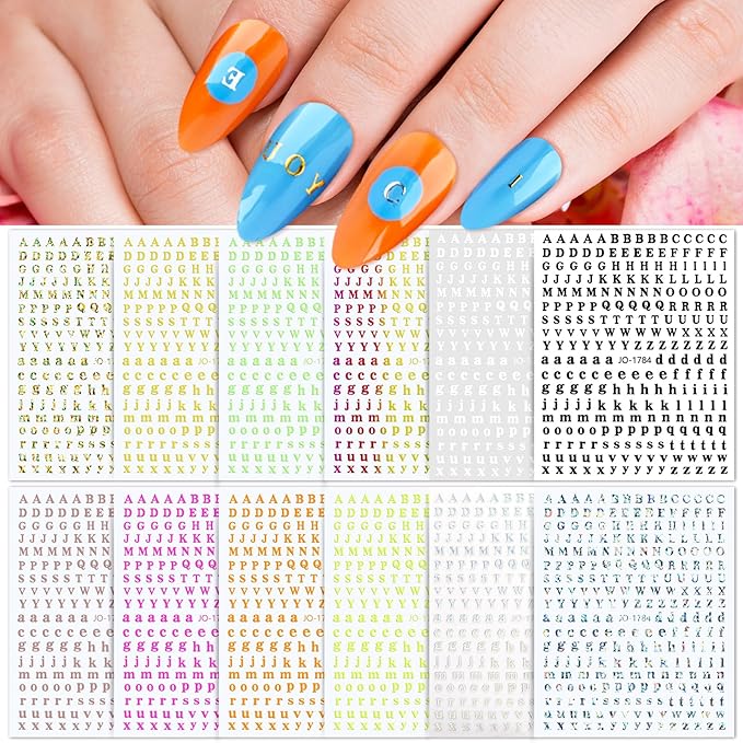 12 Sheets Letters Nail Stickers English Alphabet Nail Decals 3D Self-Adhesive Glitter Metallic Gold Silver Color Nail Sticker Black Alphabet Nail Art Supplies for Women Girls Nail Decoration 807-21