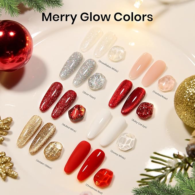 Beetles Merry Glow Valentines Gel Polish Set - 8 Holiday Colors Gel Nail Gift Box with Base&Top Coat, Red Cat Eye White Gold Silver Nude Nail Kit, Uv Led DIY Salon Manicure Kit Beauty Gifts for Women