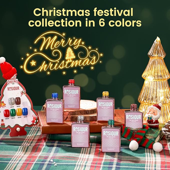6PCS Christmas Gel Nail Polish Set- Hema TPO Free Sparkle Green Blue Soak off U V Gel Polish Set with Swatch Board - Glitter Gold Silver Gel Polish Colors Nail Art Manicure Salon DIY at Home for Women