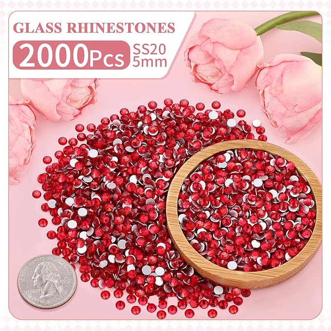 2000PCS SS20/5mm Crystal Rhinestones (Red/Siam), Bedazzling Flatback Glass Rhinestones for Crafting, Gems Diomand Charms for Tumbler Shoes Clothing Mugs Nail Art