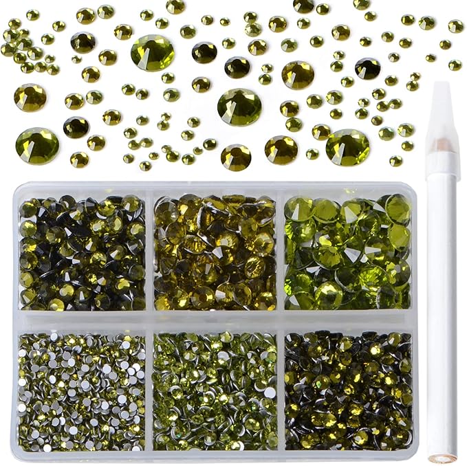 Bymitel 5000 Pieces 6 Mixed Sizes Glue Fix on Glass Rhinestones Round Crystal Gems Flatback for DIY Jewelry Making with one Picking Pen(6-Sizes 5000PCS, Olivine)