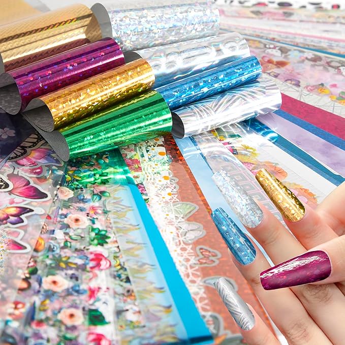 SILPECWEE 300Pcs Nail Foil, Holographic Nail Art Foil Flower Metallic Aurora Transfer Foils for Nails Paper 3D Nail Stickers Fingernail Wraps Decals Manicure Design Kit Nails Decoration