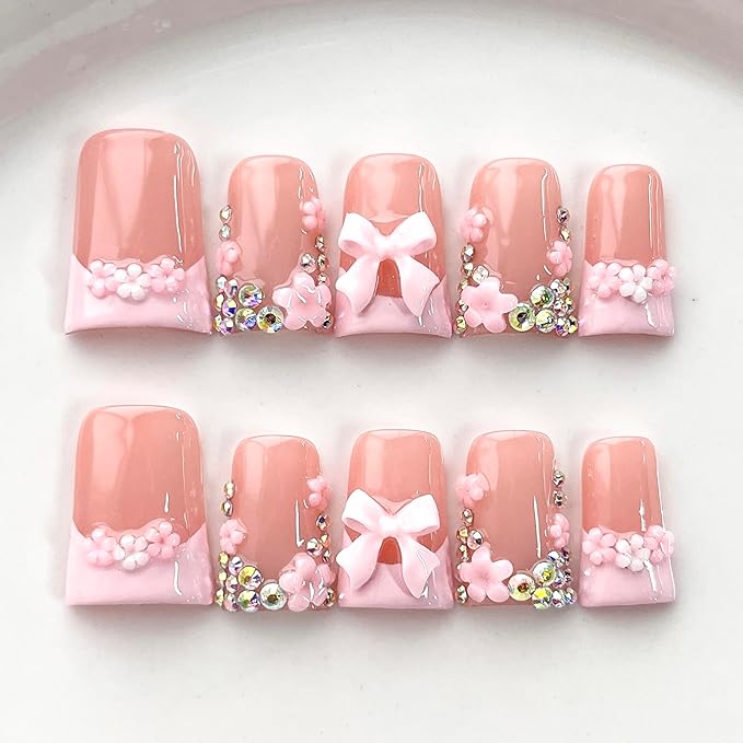 Luxury Press on Nails Short Duck Handmade 3D Unique Reusable ABS Material Fake Nails French Tip False Nails with Designs Bow Rhinestones Flower Pink Glossy Glue on Nail Thick Acrylic Nail(M)