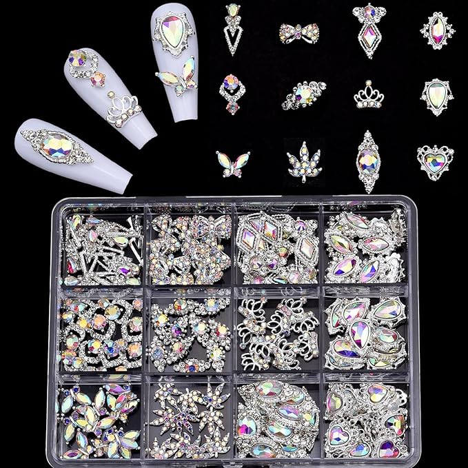 120pcs Nail Art Rhinestones Kit - 12 Styles Gradient AB Silver Glitter Nail Charm Gems for DIY Manicure, Jewelry Making, Craft Decor, Y2K Women Girl Nail Beginners Designers, Acrylic Nail Supplies