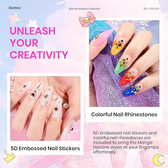 Beetles Gel Nail Polish Set - 20 Colors Pink White Black Yellow Red Glitter UV Led Gel Polish Kit with Nail Stickers Nail Rhinestones 3Pcs Base Top Coat Gift for Women Girls