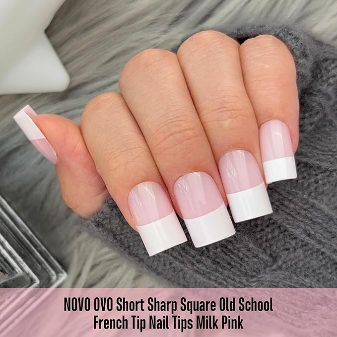 NOVO OVO Old School Wide White French Short Sharp Square Tip Nail Tips Press on MILKY PINK, Need Builder Gel Top Coat Nail Glue, Soft Gel Full Cover Fake Nail Extension, for DIY x 15 Sizes 240 pcs