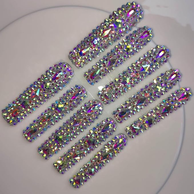Xxl Press on Nails Extra Long Square Handmade Press-on Nails with Design Rhinestones Press Ons 10pcs M Size Pattern 1104