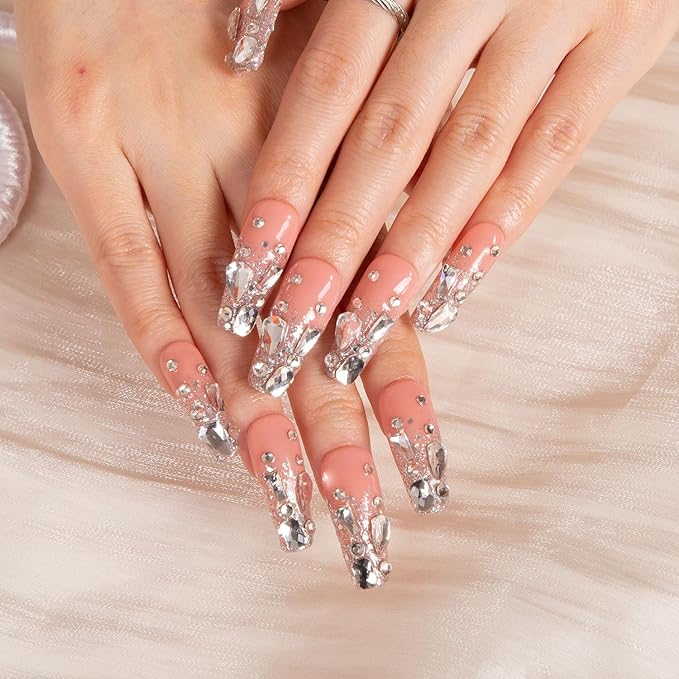 LOVFUL Press on Nails Silver Wind | Handmade with Full Covered Crystals | Reusable Full Cover Nails | Coffin Classic Regular 1.3 in | H126-S