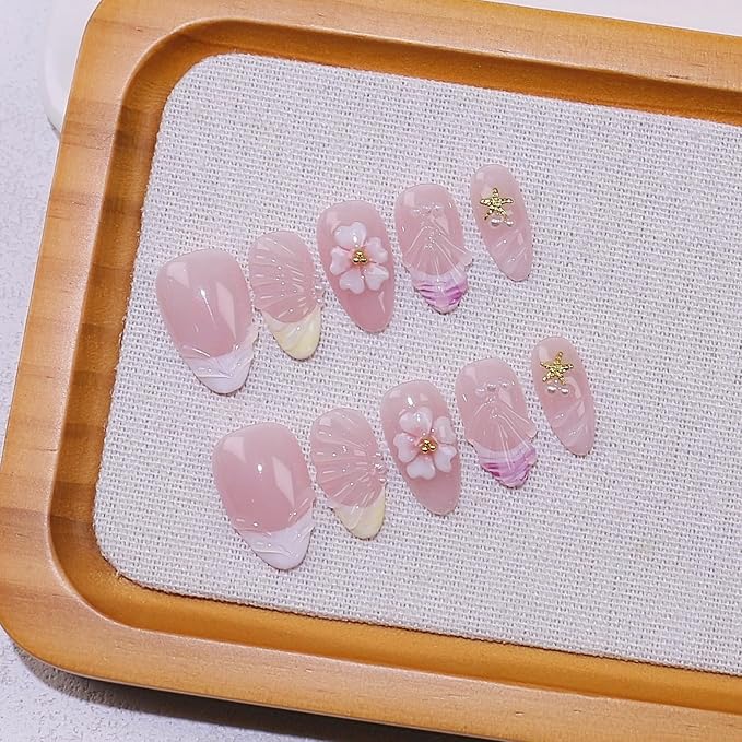 Handmade Press on Nails Flower Press on Nails French Tip False Nails with 3D Star Designs Short Almond Shaped Fake Nails Glossy Full Cover Artificial Acrylic Nails for Women (Size S)