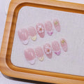 Handmade Press on Nails Flower Press on Nails French Tip False Nails with 3D Star Designs Short Almond Shaped Fake Nails Glossy Full Cover Artificial Acrylic Nails for Women (Size M)