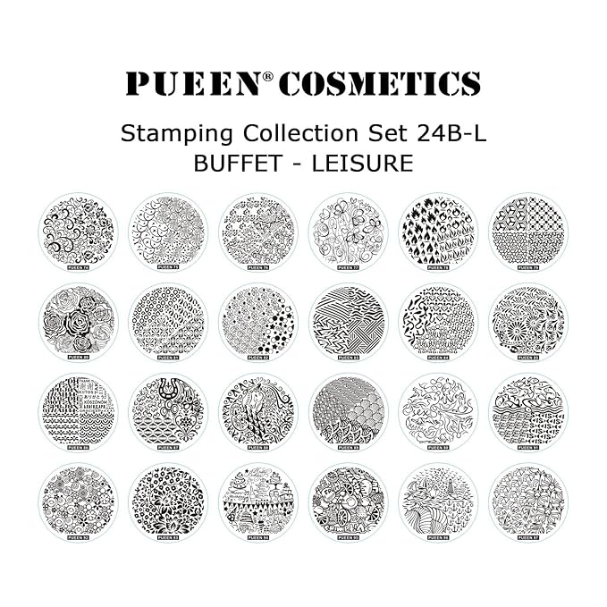 PUEEN Nail Art Stamp Collection Set 24B-L STAMPING BUFFET - LEISURE - NEW Set of 24 All You Can Stamp Full Size Stamping Image Plates Manicure DIY (Infinite Images With Your Creativity) Now with