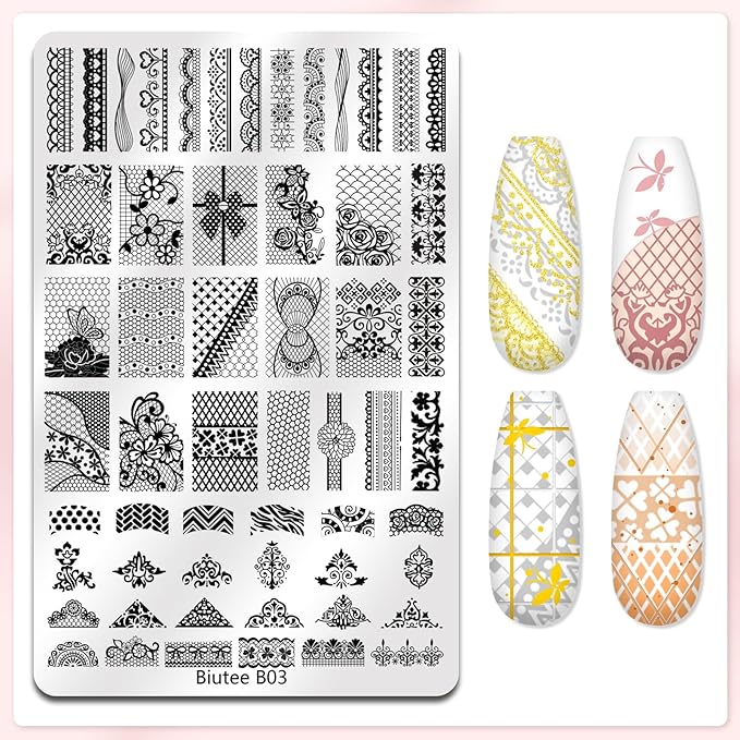Biutee Nail Stamping Plates 2Pcs French Tip Stamp Plate 110 Patterns Nail Stamping Kit With Silicone Stamper Scraper Large Lace Line Flower Nail Art Stamping Template Holiday Gift for Women