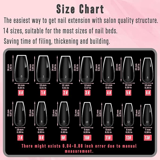 NOVO OVO Medium Coffin Nail Tips Extra Thick Press on No C Curve, Soft Gel Natural Fake Nail Extension, Full Cover Clear False Nails for Acrylic, French Manicure Salon DIY x 14 Sizes 224 pcs
