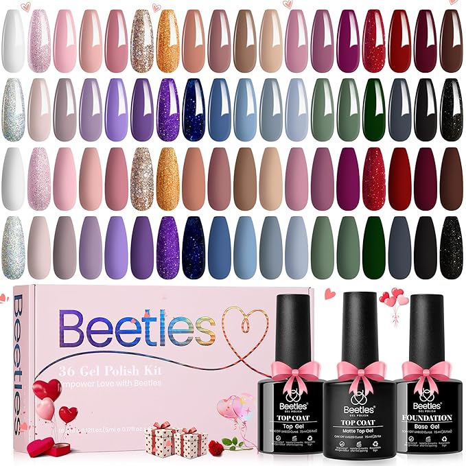 Beetles Gel Nail Polish Set 36 Colors Nail Gel Polish Kit Burgundy Red Blue Green Brown Gold Glitter Pink with Base Top Coat UV LED Needed Manicure Gifts for Women Neutral Elegance