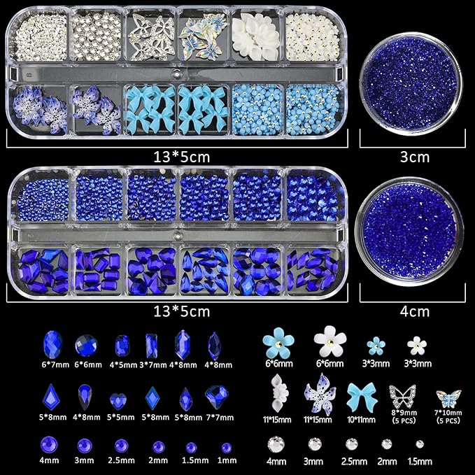 4 Boxes Blue Nail Gems Bow Flower Nail Charms for Acrylics - Irregular Crystals, Nails Rhinestone & Accessories for Women Nails Art Design Nails Decor(Blue)