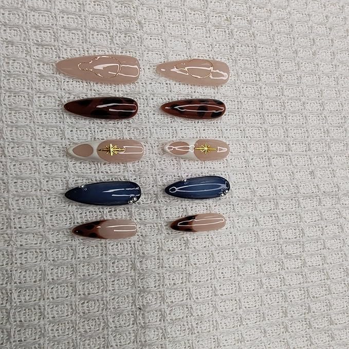 Handmade Nails Almond Shape Ins Style Gilded Star Accents French Details Leopard Print Patterns Nude Pink & Navy Blue Base Glossy Surface Fashion Manicure Wear Press on Nails 10 pcs (S)