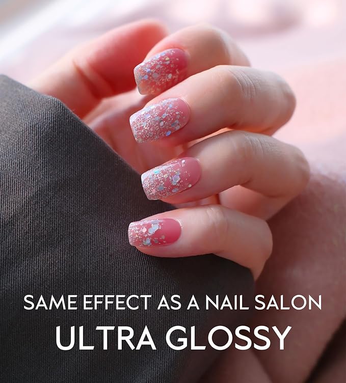 Semi Cured Gel Nail Strips - UV Light Gel Nail Stickers - 20 Long Lasting Salon Quality Wraps (Silver Pink Flower Glint)